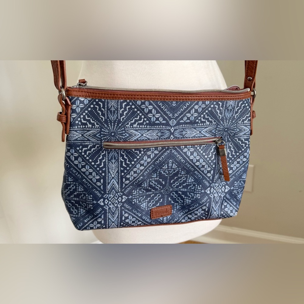 The Sak Pacifica Blue Aztec Pattern Crossbody Bag Leather Trim Adjustable Strap